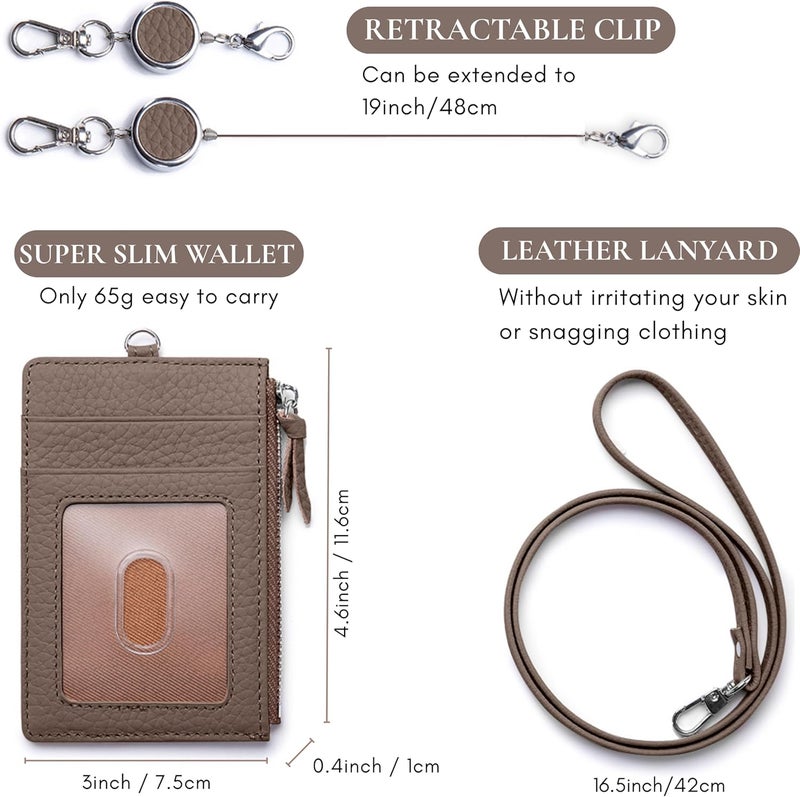 EutDett Leather Lanyards for ID Badge Holder, Lanyard Wallet for Womenand Men, Fashion ID Case with Zipper Pocket, Breakaway Lanyard & Retractable Reel Clip for Teacher Nurse Student (Dark Hkaki) - Image 3
